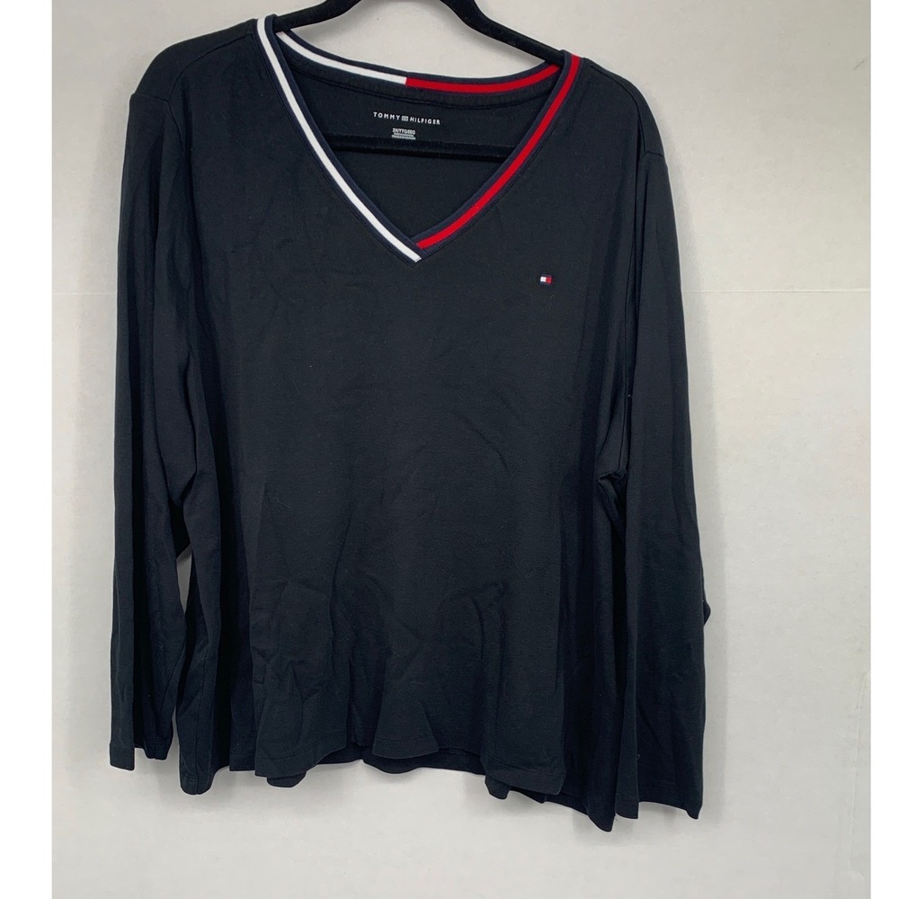Tommy Hilfiger Black Long Sleeve V Neck Top 2X Plus Size Cotton